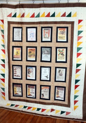 Add this amazing quilt to your rodeo collection. It will be auctioned off at the 2010 Wild Bill Hickok Rodeo Belt Buckle Auction on Friday, August 6, 2010 at 6:30 p.m. at the Free Stage on the rodeo grounds!  The quilt features fabirc versions of Wild Bill Hickok Rodeo posters from years past; donated by Beverly Willcoxon of Abilene, Kansas!
